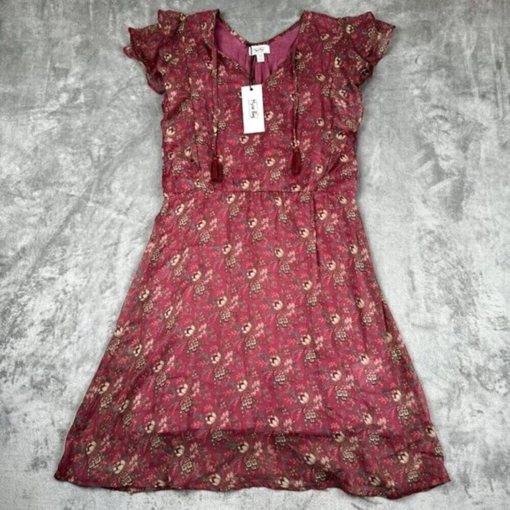 Myra Bag Women Small Mauve Dress Midi Flutter Sleeve Tassle Chiffon Floral Toggl